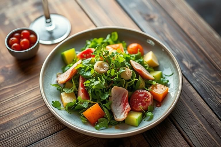 Pære-, ristet valnøtt- og blandet grønn salat med champagne- og tranebærvinaigrette