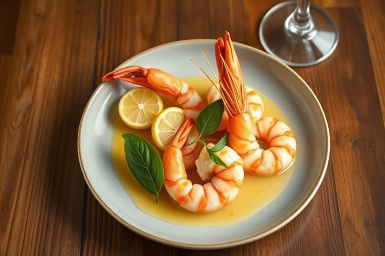 Poached Shrimp with Bay Leaves and Lemon  
Kokte reker med laurbærblader og sitron