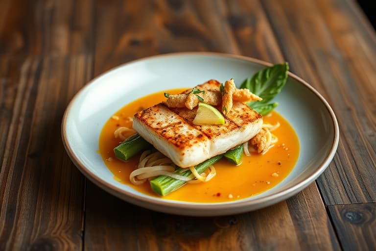 Guava-glassert mahi-mahi med kokosnøtt-bambusris, tempura-babybok choy og kokos-karri saus