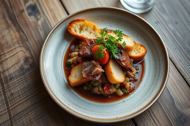 Kremet grønnsaksfrikassé med sprøstekte toastbiter