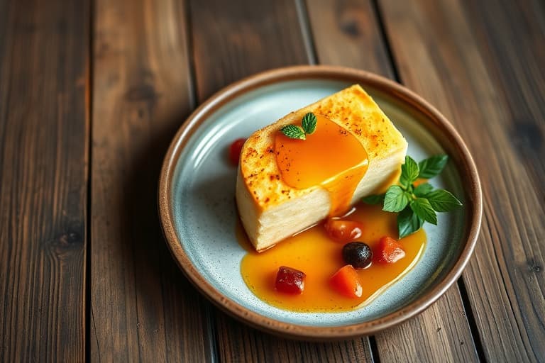 Flambé av sesongens frukt med pound cake og iskrem