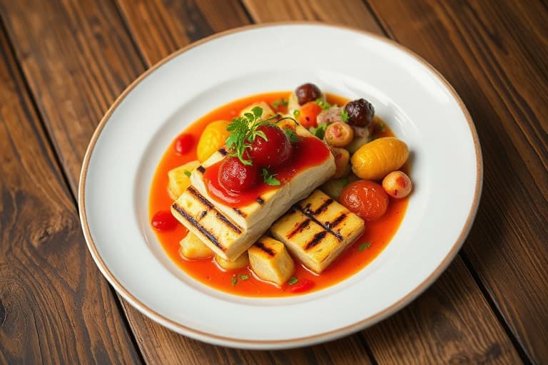 Grillede lammekoteletter med capsican-relish, toppet med en løkglaze, servert med sauterte poteter og en agurk- og tomatsalat