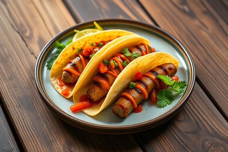 Grillede pølse-tacos med søt og sterk saus av aprikos og jalapeño, samt grillede paprika- og rødløksalsa