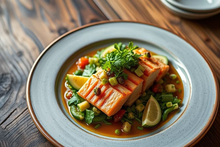 Stekt chilensk havabbor med sitrusdampede blåskjell, chayote-grønnsak, avokado- og koriandersalat, samt blåskjempesjellessens