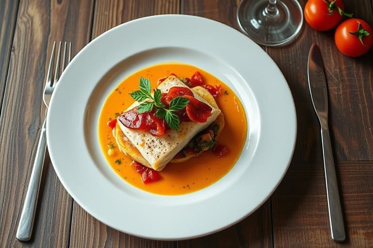 Sprø stekt snapper med syltede løk, tomat- og baconfondue, gul tomatsaus og malangatumbleweed