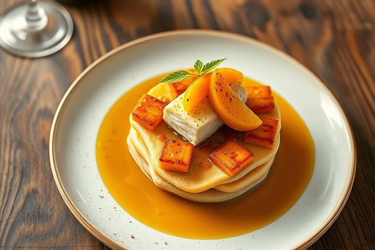 Stekt foie gras og smakfull rosmarinsvaffel med plommearmagnac-is, karamellisert ananas og kalvekjøttreduksjon