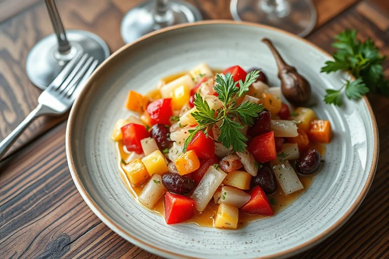 Vampyrkyllingsalat med rødbeter, vårløk og geitost, servert med løktoast og ghouls (spøkelsesaktige figurer)