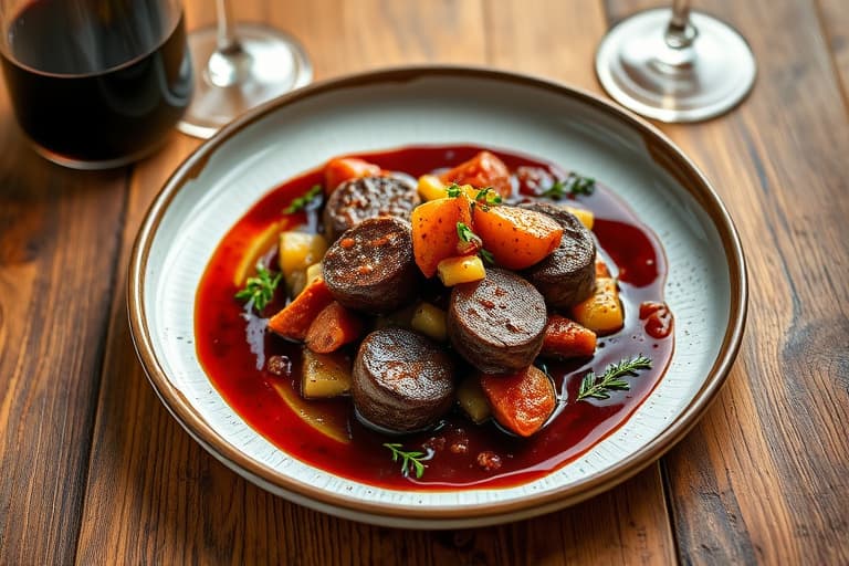 Panerte, franske svinekoteletter med fem-spice, karamellisert løkchutney og Merlot-demi med appelsinpulver