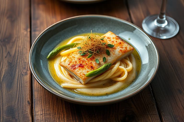 Panestekt scrod med Romano-purert potetmos, asparges og ferske grønnsaker med sprø brødsmuler.