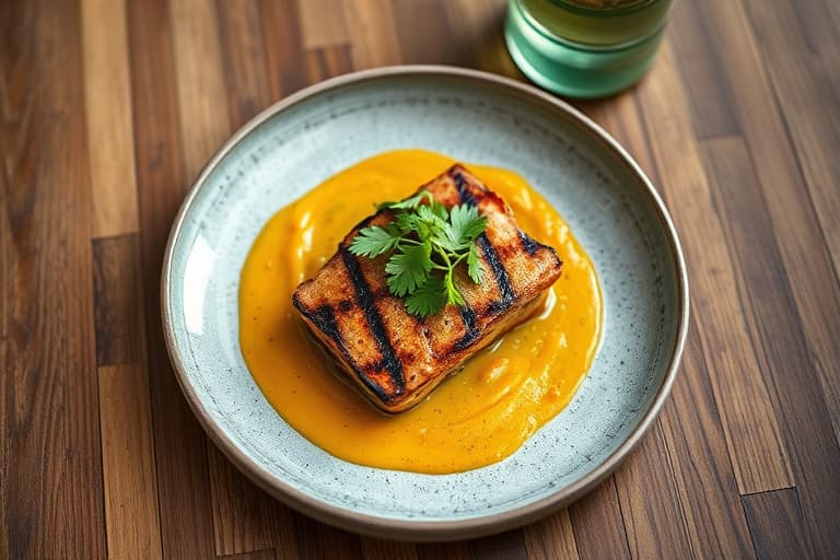 Kyllingbryst med tequila- og grillkrydder, servert med mangochutney på sesam-tortilla