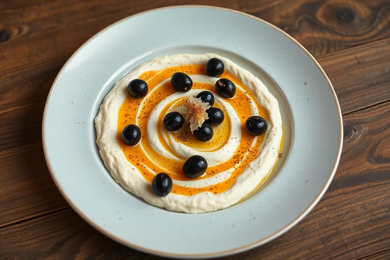 Flatbrød med hvit bønnehummus, karamelliserte løk, svarte oliven og spanske hvite ansjoser