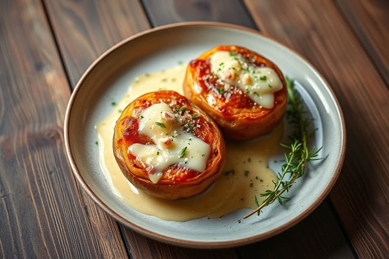 Fylte dobbelbakte poteter med skinke, sopp og Gruyère-ost