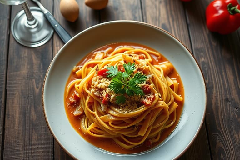 Rødt paprika-spätzle i sennepskremsaus med pølse