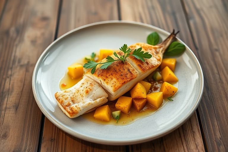 Helgrillet snapper med key lime, mango-brun smørvinaigrette og ingefærmarinerte knuste plantains