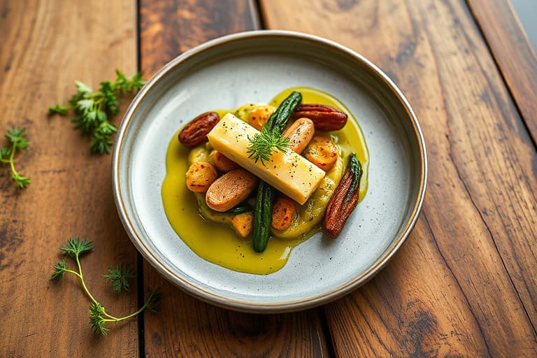 Chartreuse av asparges og purre servert med en chervil-émulsion