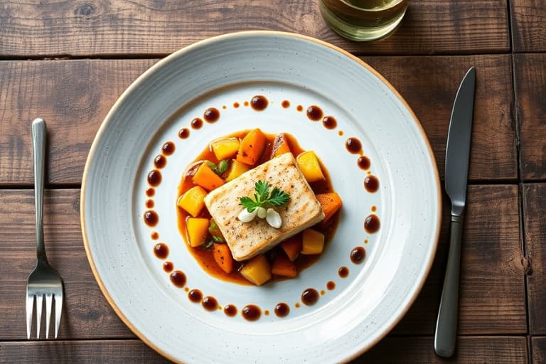 Ristet chilensk havabbor med en kompott av salsify, squash og breenbønner i en portvins- og svarttrøffelvinaigrette