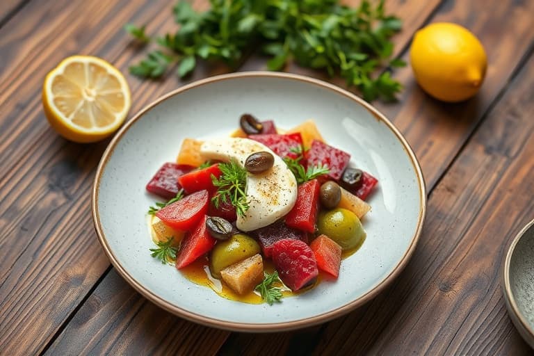 Skåret kålrot + Vårlig salat med vårgress, labne, grønne oliven og sitronvinaigrette med konserverte sitroner