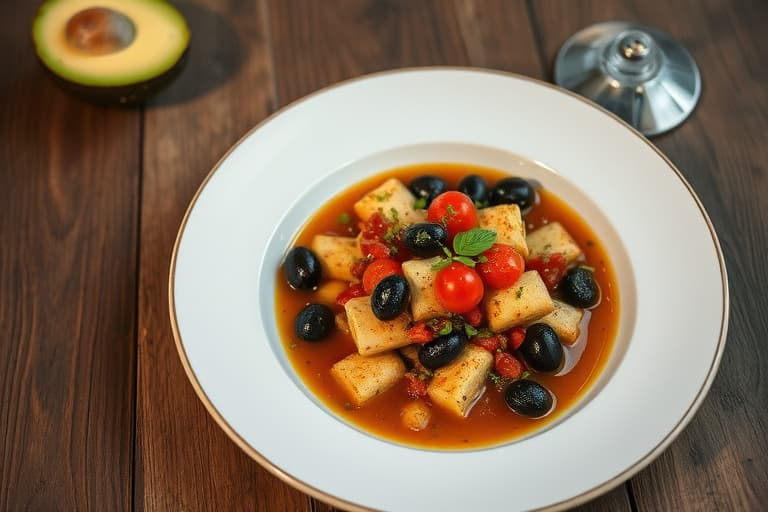 Olivenoljepotet reker med oliventortillas, spiced med spisskummen, svarte bønner og tomatillo-avokadosalsa