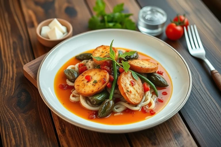 Bryst av storfe, braisert, servert med hvitløkspuréte poteter, grønne bønner og posjert tomat