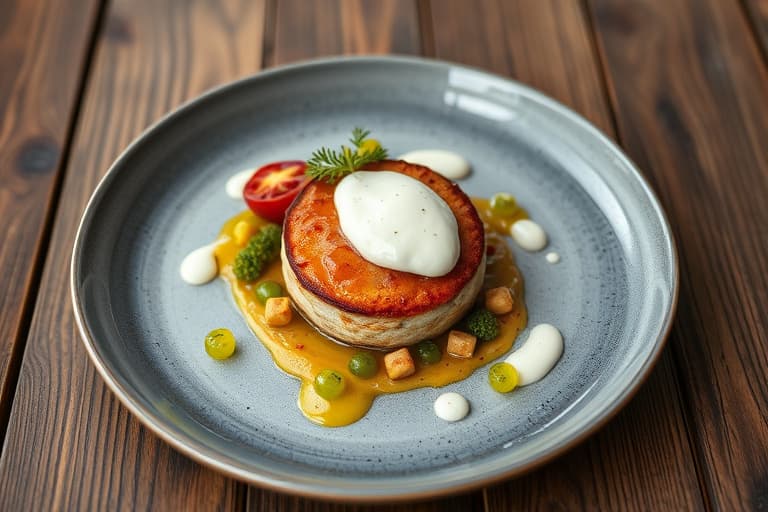 Røkelaks-timbale med ingefær, agurk, crème fraîche og vannkresseolje