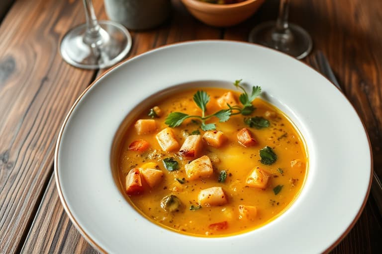 Vill soppsuppe med spinat og ingefærbuljong