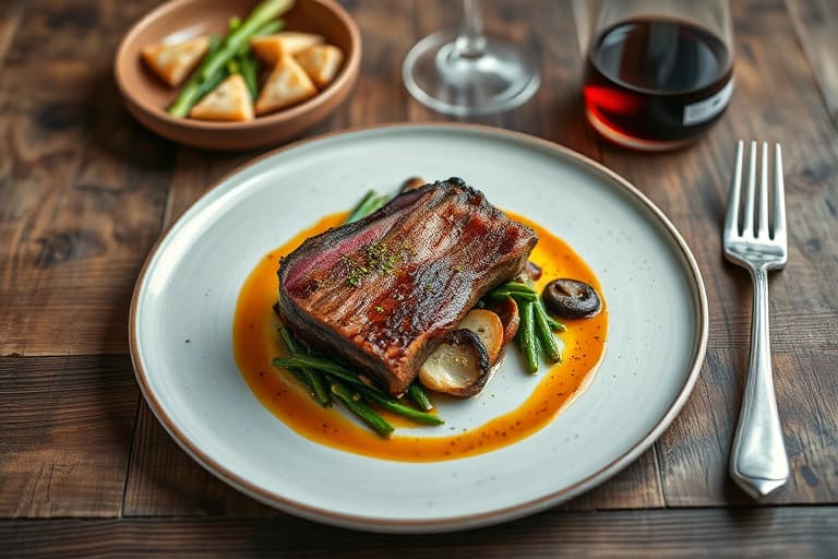 Stek av ribbe, spinat- og porcini-sjy, irsk whiskey-saus og pepperrotkrem