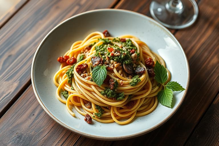 Pasta med pesto, reker og speket skinke