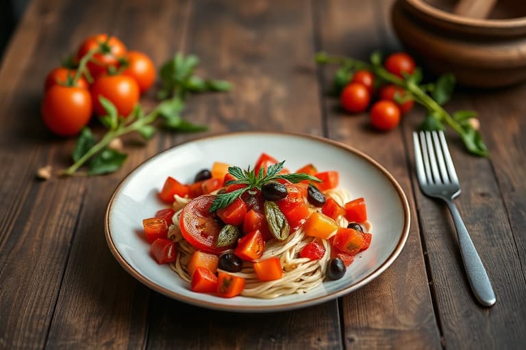 Tomat-, kapers-, oliven- og blåmuggostsalat