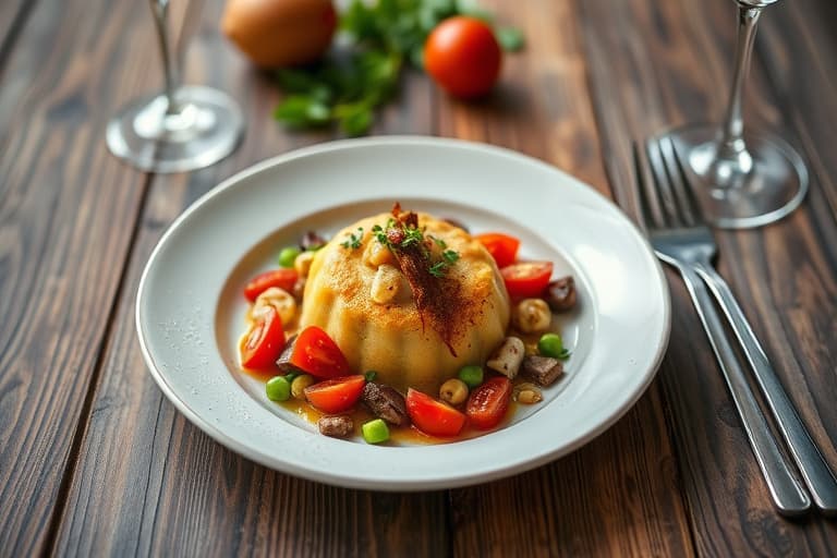 Potetbunn med geitosttærte og salat av gamle tomater