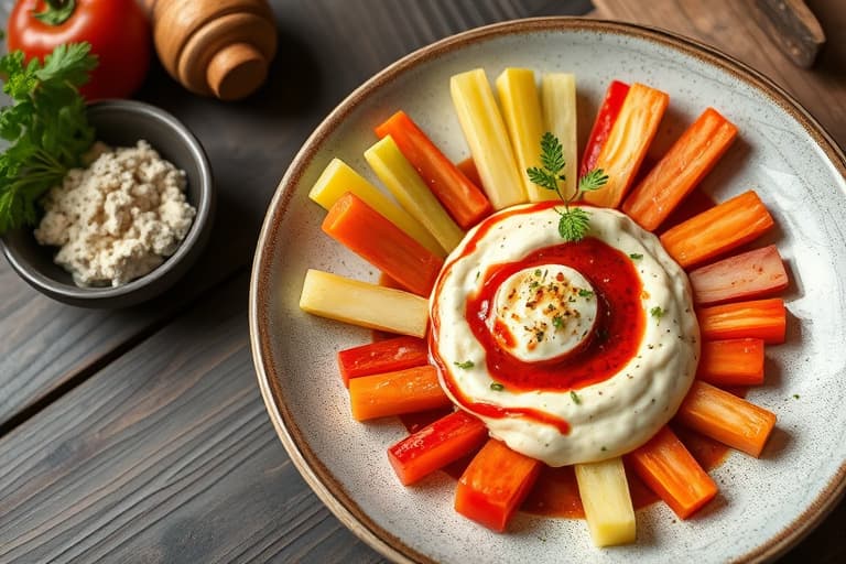 Ristet rød pepper- og hvitløksdipp med fennikelcrudités