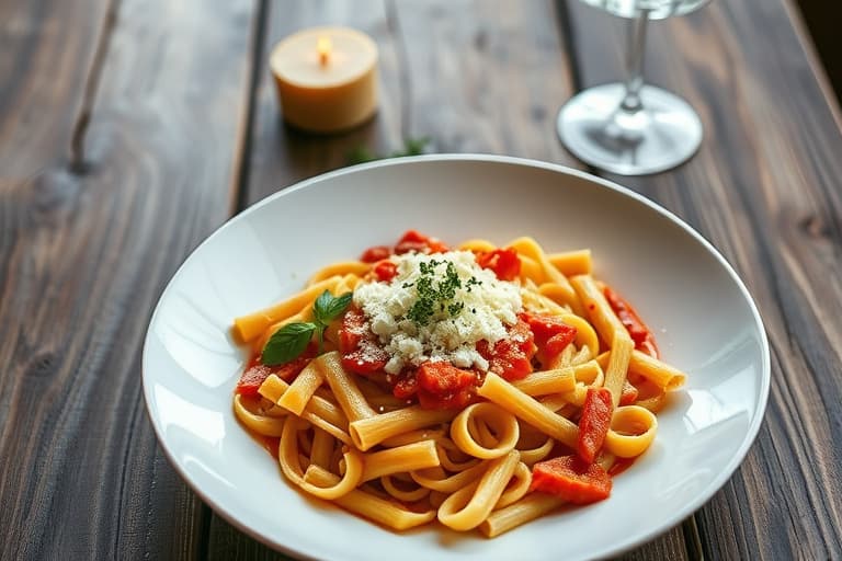 Rigatoni med røde paprika, ville sopp og fontina