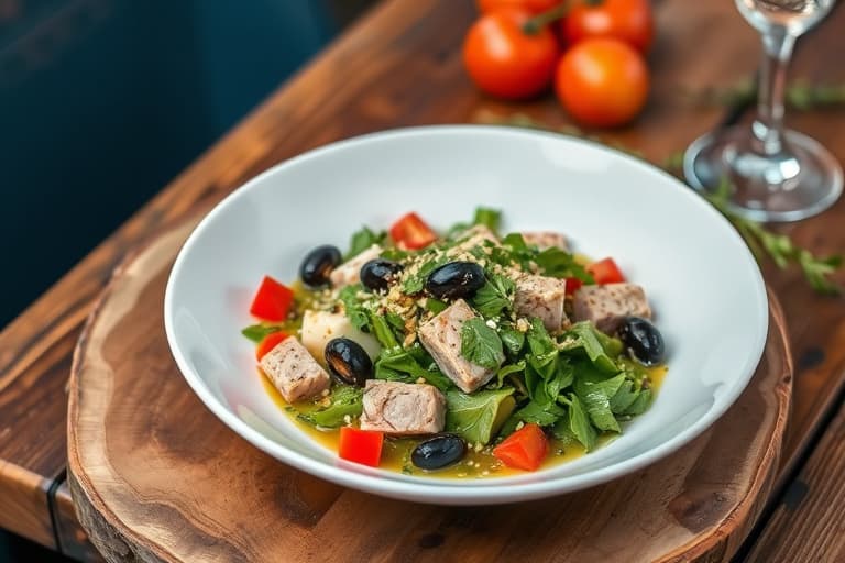 Salat med laks og Niçoise-inspirert dressing med svarte oliven