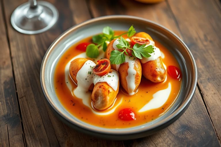 Svinegyros med yoghurt-tomatsaus, rødløk og ruccola