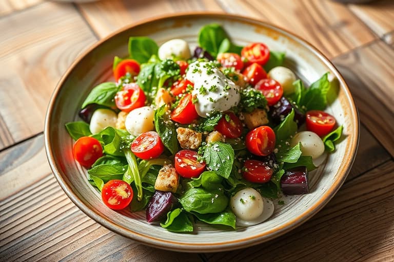 Rødkålssalat med salatblad og grønnsaker, servert med yoghurt- og sennepsdressing