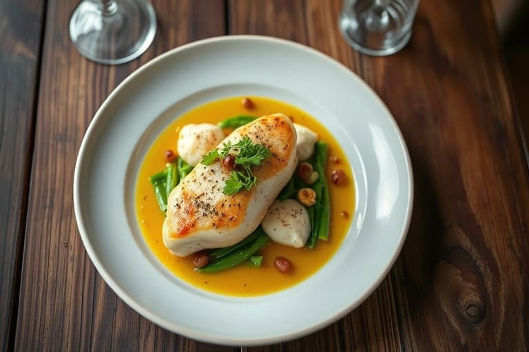 Poached Chicken, sprø grønnsaker og urtedressing