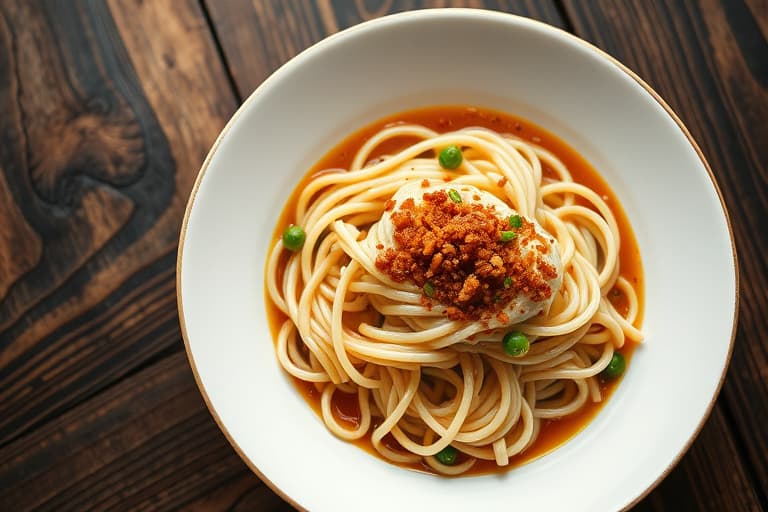 Udon-nudler med kylling, skalldyr og grønnsaker