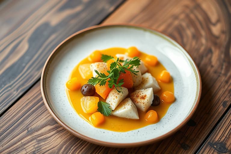 Kokosnøttkarri med kamskjell, kumquat og asiatisk pære på små canapéer