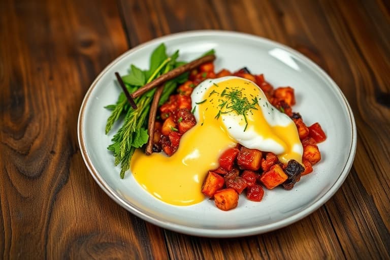 Rødt-flanell-laks-hash med posjert egg og koriander-hollandaise