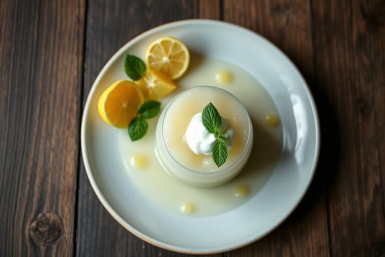 Limegranita med kandiserte mynteblader og crème fraîche