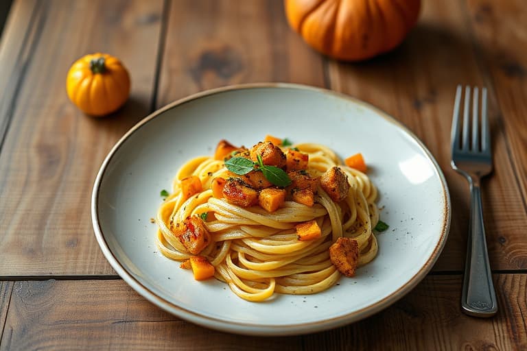 Pasta med squash, squashblomster og karamelliserte løk
