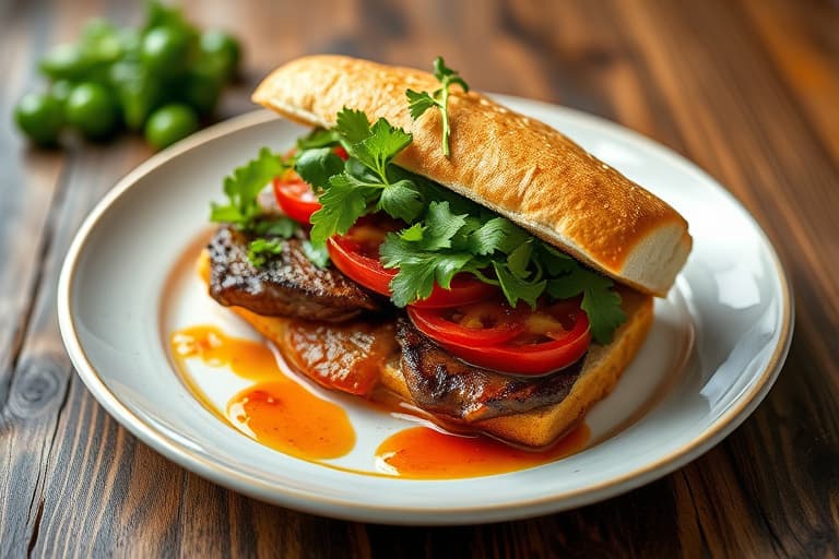 Steak-sandwicher på hvitløksbaguetter med ruccola og tomater