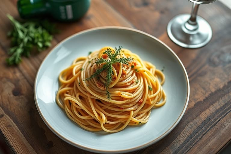 Spaghetti med sardiner, dill og stekte kapers