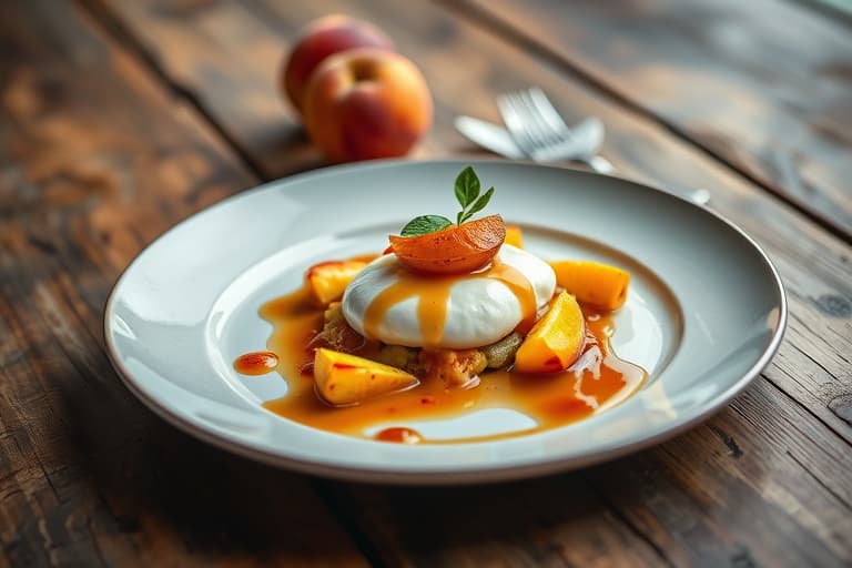 Peach- og mascarpone-ostekake med balsamico-sirup