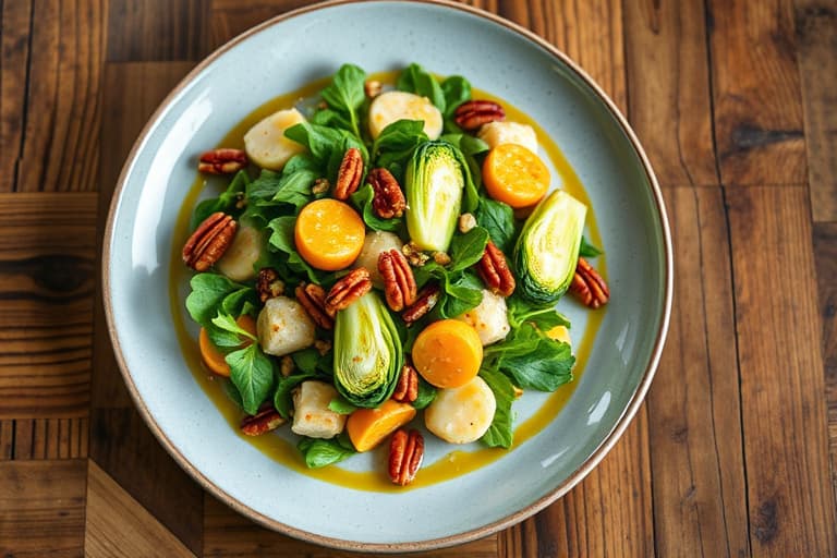 Brusselskål- og rosenkålssalat med sennepsdressing og lønnesirup-glassert pecannøtter