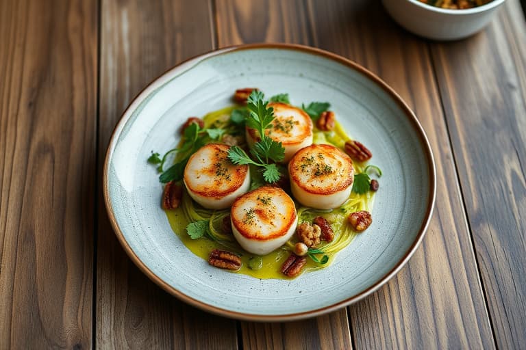 Tatsoi og varm scallopsalat med krydret pecannøttpraliné