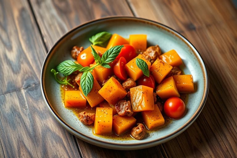 Stekt butternut squash med tomater og pinjekjerner