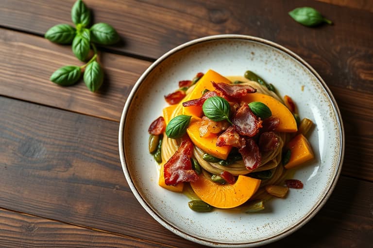 Squash, mais og basilikumfusilli med bacon