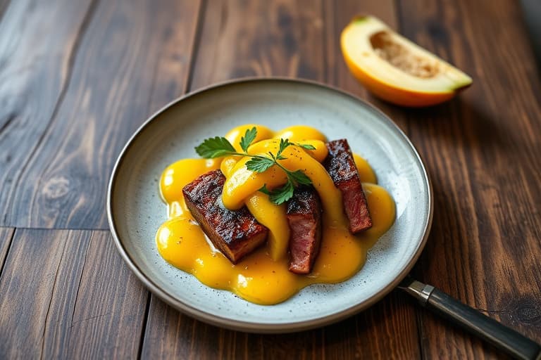 Steinbitt ørret med søt svinekjøtt og grønn mangosalat