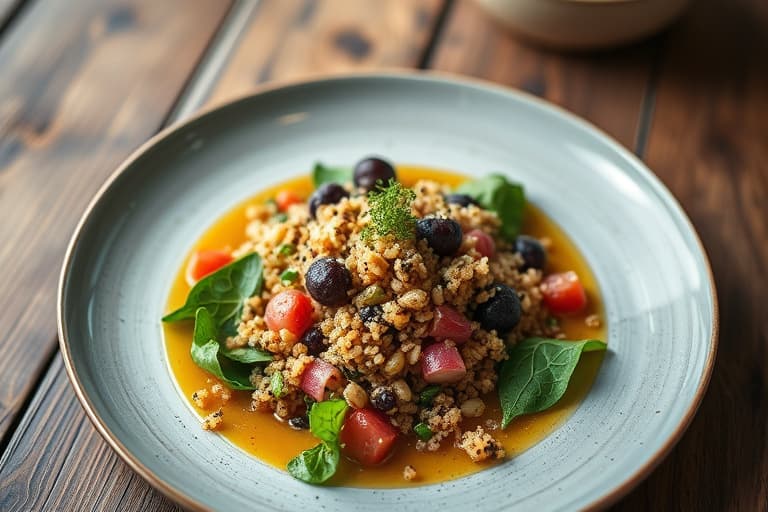 Salatkopper med svinekjøtt og quinoa i peanøttsaus