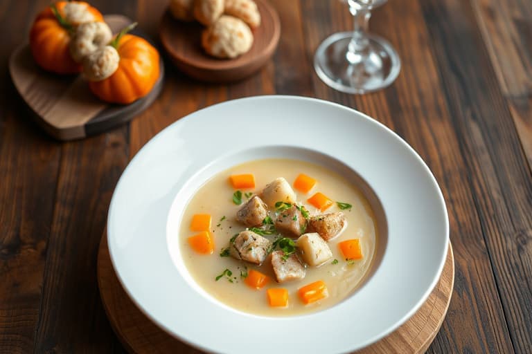 Potetsuppe med ovnsbakt hvitløk, hvete, vannkresse og endivesalat